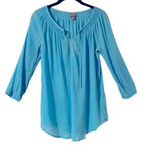 J. Jill aqua crinkle cotton peasant blouse cottage core boho XS